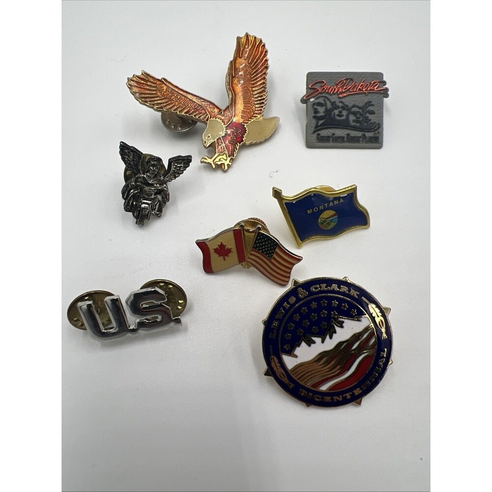 Mixed Vintage Pin Lot USA Eagle Angel Motorcycle Canada Mt Rushmore Bicentennial